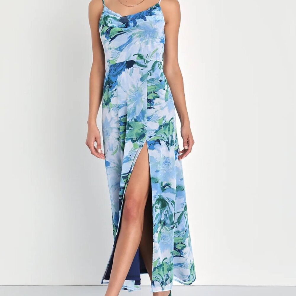 Lulus Flowery Passion Blue Floral Print Cowl Neck Midi Dress - Size S